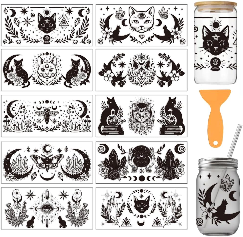 arricraft 10 Sheets Divination Theme UV DTF Cup Wrap for 16OZ Glass, Cats Moon Phases The Sun Stars Flowers Rub on Decals PVC Transfer Stickers for DIY Cups Wood Funiture 24x11cm/9.4x4.3inch