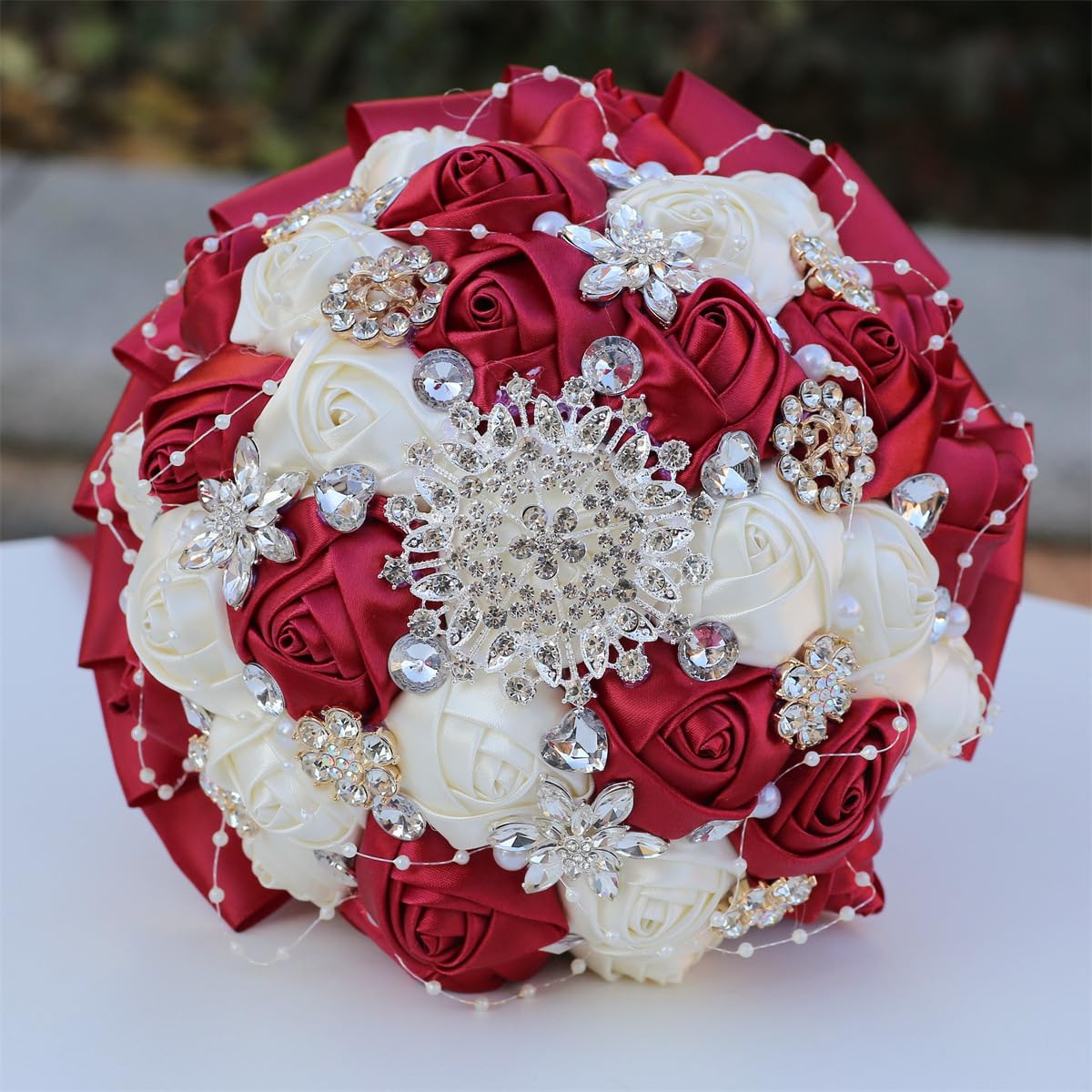 Mhojpik 9.8" Dark Red & Ivory Bridal Wedding Bouquet Round Holding Bouquet Throw Toss Artificial Rose Flower Bunch for Bride Bridesmaid Wedding