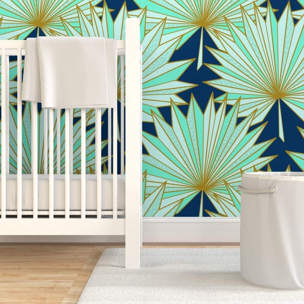 Removable Wallpaper 3ft x 2ft - Art Deco, Palm, Fan, Navy, Mint, Tropical, Geometric, Origami, Inspired, Gold, Blue, Modern, Beach, Custom Pre-Pasted Wallpaper by Spoonflower