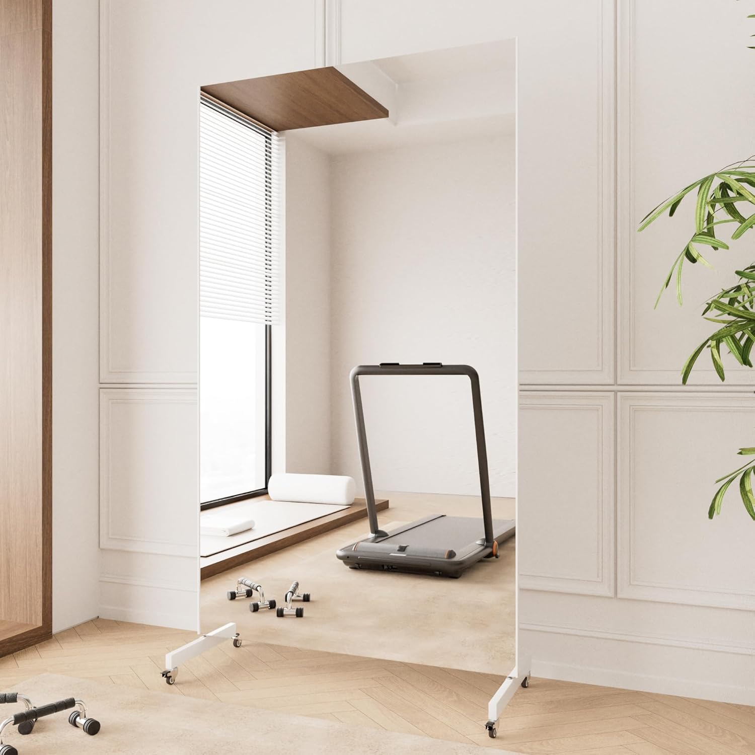 brisafe Home Gym Mirror 360° Swivel on Wheels, 67″ X 40″ Extra Large Full Body Rolling Mirror for Yoga, Nano Film Super Lightweight Unbreakable Full Length Mirror, White