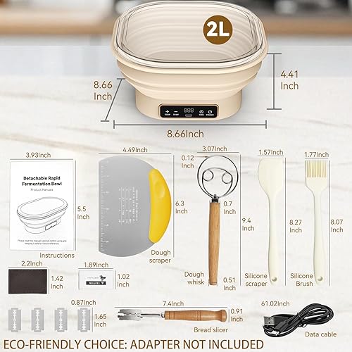 Miniatura 8 de Kit de cesta de pan Banneton de masa madre con temporizador y 6 ajustes de temperatura, caja plegable de silicona a prueba de masa de 2 litros,