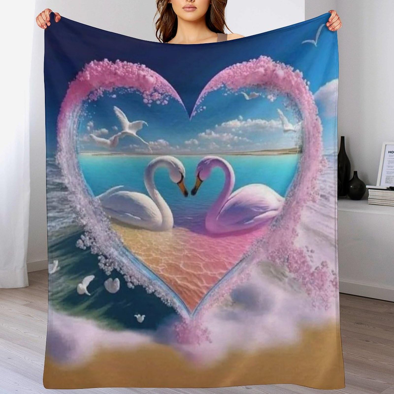 Couverture epaisse anti-froid pour l'hiver grand plaid cygne 3D lavable machine