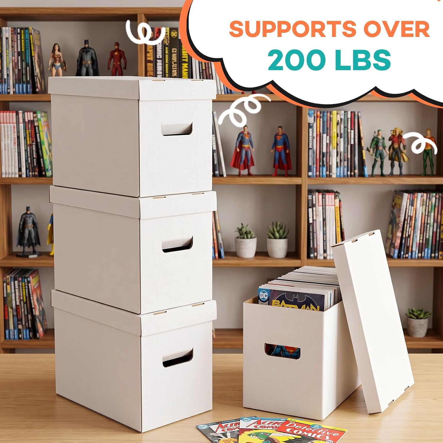 Heavy Duty 5-Layer Short Comic Box with Double-Bottom Base, Stackable Cardboard Storage Boxes for Graded & Raw Comics, Magazine, Collectibles, 16.6" x 8.6" x 11.5" (White, 3 pack)