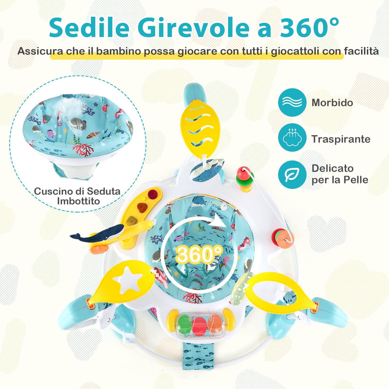 COSTWAY Jumperoo per Bambini, Centro Attività Saltella con Altezza Regolabile, Sedile Girevole 360°, Luci e Suoni, 6+ Mesi, Azzurro