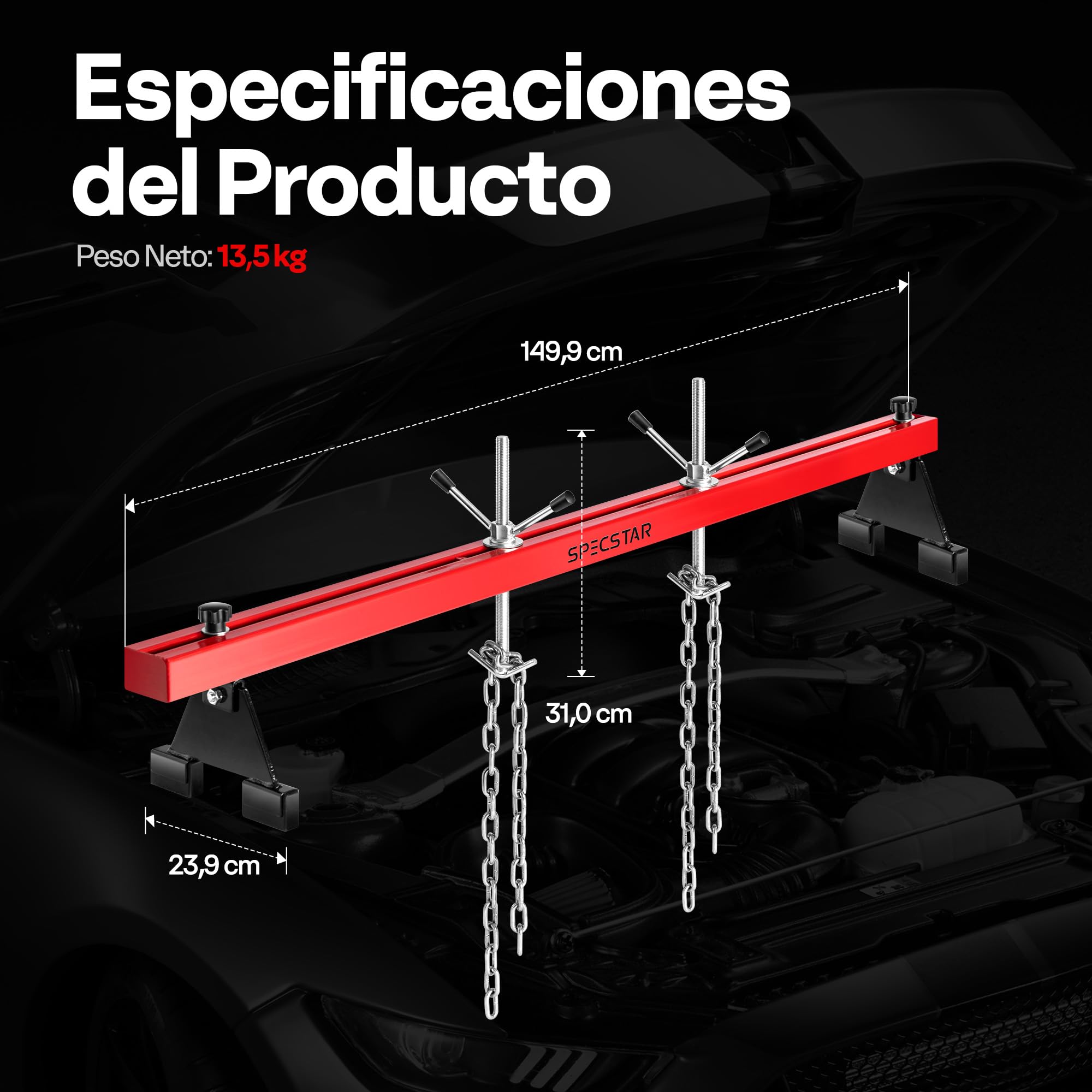 SPECSTAR Barra de Soporte de Motor 500 kg Travesaño para Motor y Transmisión | Ajustable 53,3–144,8 cm, Elevación de Doble Punto con Ganchos Dobles, Rotación 360° con Soporte de 2 Puntos y Ganchos Dobles