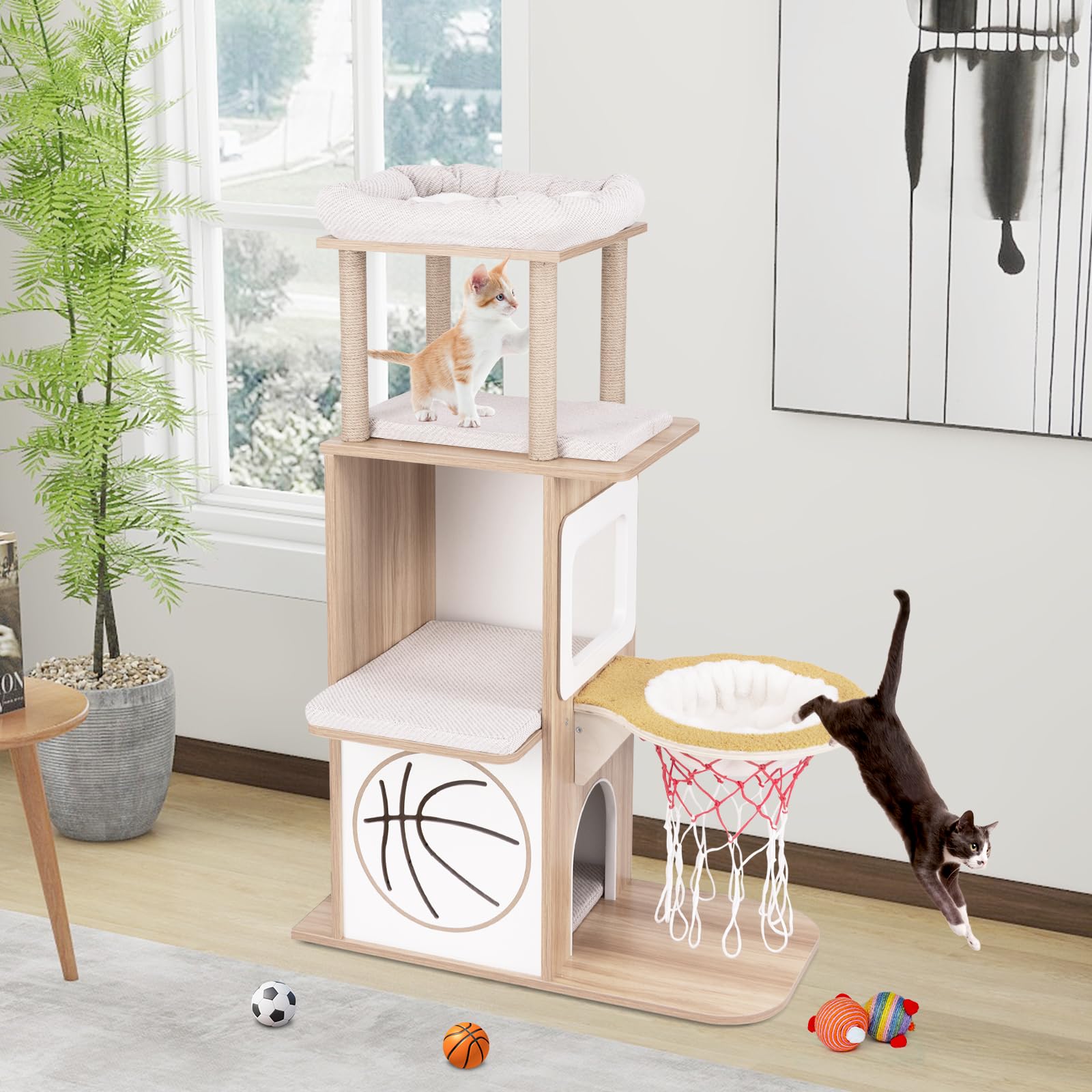 COSTWAY Arbre à Chat en Bois 120 cm - Design Sportif avec 4 Griffoir en Jute, 2 Condos, 2 Plateformes, Panier, Coussins Amovibles et Fourrure de Faux Lapin