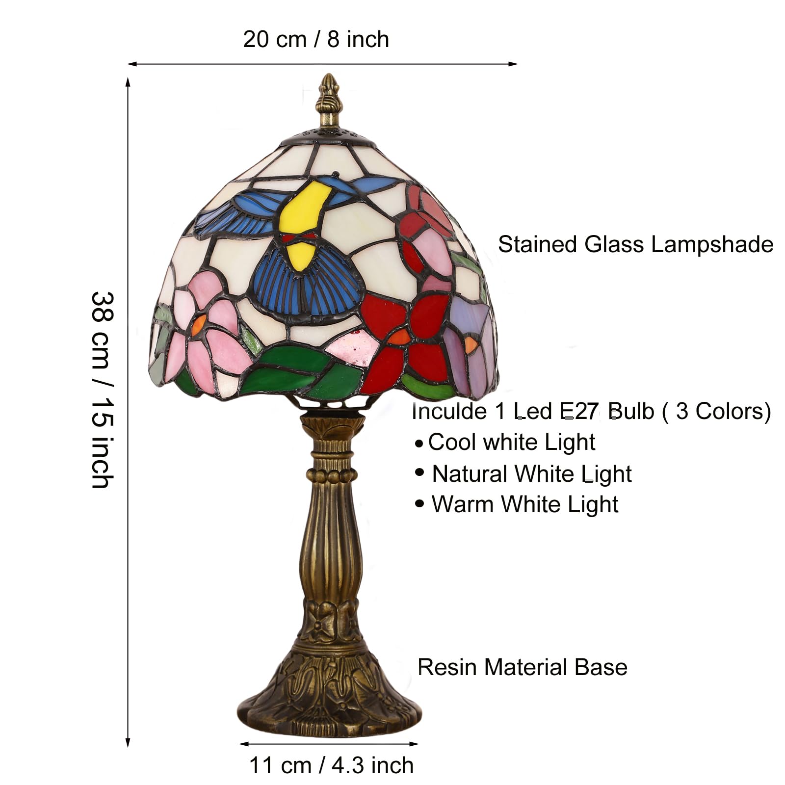 Lampada Tiffany da Tavolo con Paralume in Vetro Colorato per Soggiorno, Camera da Letto, Studio e Tavolino da Caffè