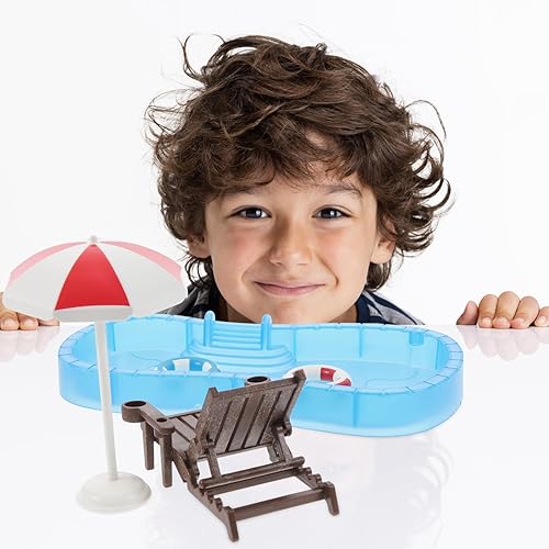 Miniatura 5 de Mini juego de muebles de casa de muñecas con anillo de natación, piscina y silla de playa, plástico, colores surtidos, 7.87 x 3.54 x 0.78 pulgadas,