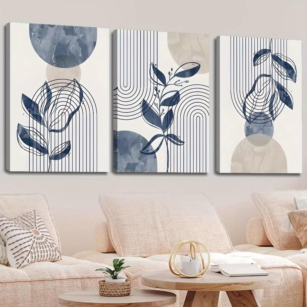 Cuadro decorativo impreso en lienzo sin marco, pintura botánica bohemia, pintura artística en verde salvia, beige y azul marino (70x100cm (28x39in) x3/Sin marco)