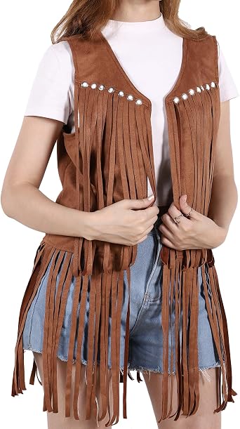 PARTTELY Women Fringe Vest 70s Hippie Costume Faux Suede Rivets Tassel Sleeveless Cowgirl Western Costume Jacket Outerwear