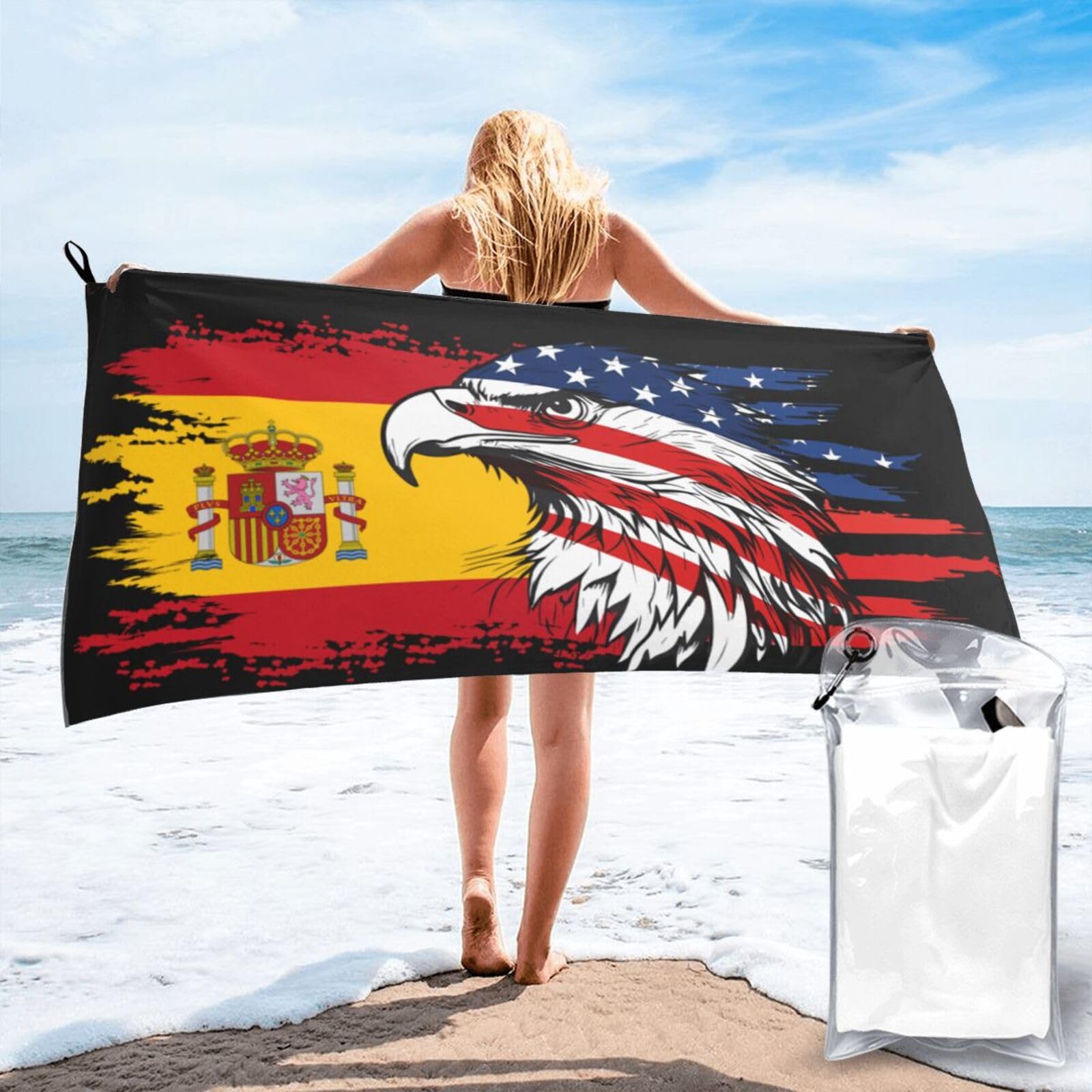 HACXZ America Flag and Spain Spanish Flag Microfiber Beach Towel Lightweight Absorbent Travel Pool for Men Women 27.5"X55"