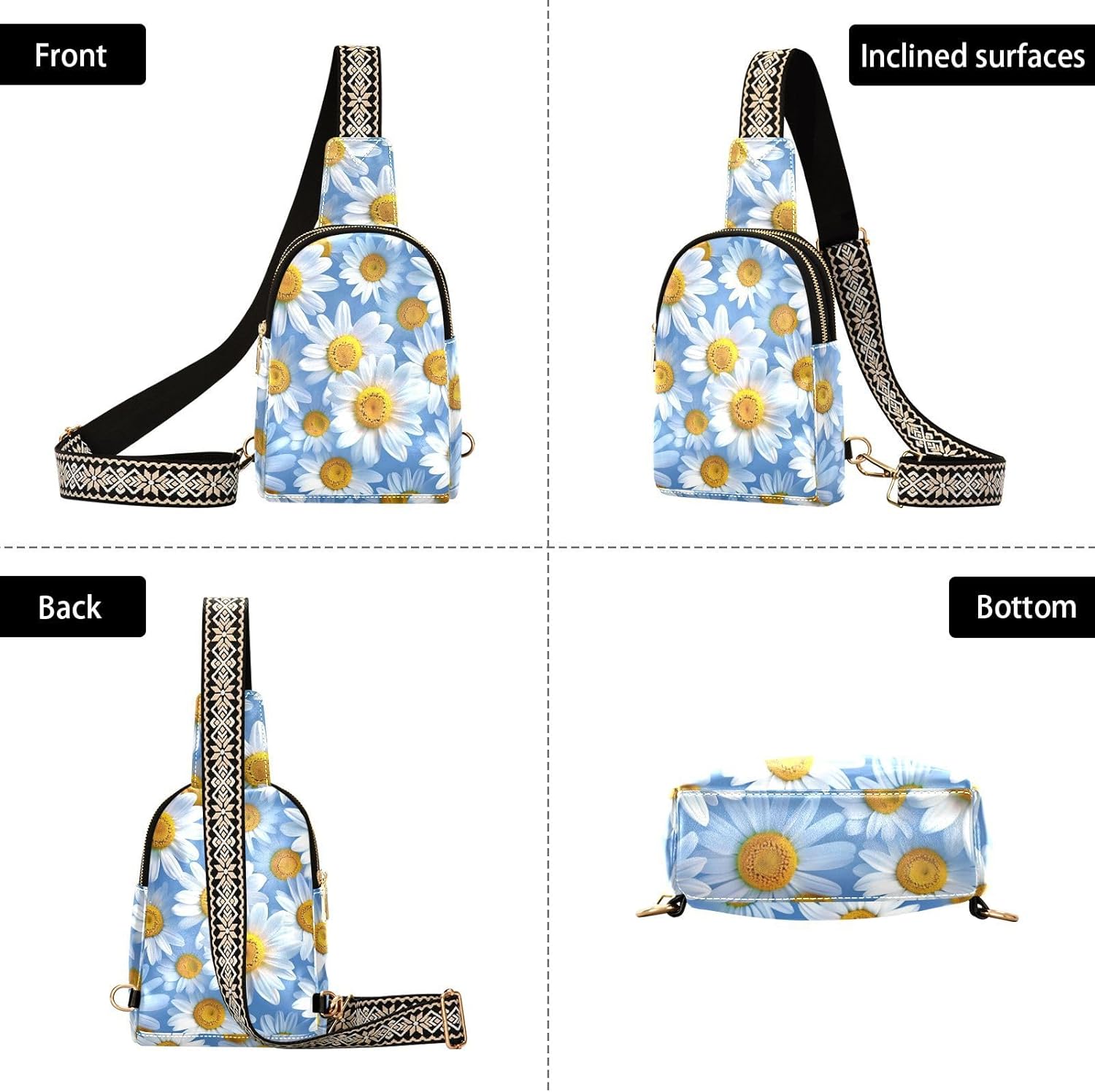 Daisy Flowers Crossbody Bags for Women,Leather Sling Bag Fanny Pack for Travel Hiking Outdoor
