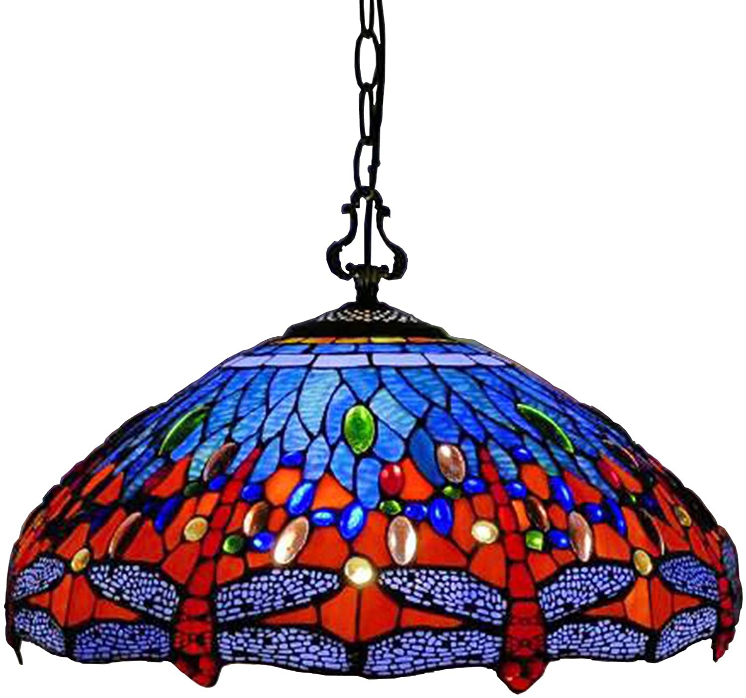 METTEOR 18 Inch Red Dragonfly Tiffany Style Pendant Lighting For Living Room,Handmade Stained Glass Blue Orange Large Lampshade Chandelier,Retro Pen