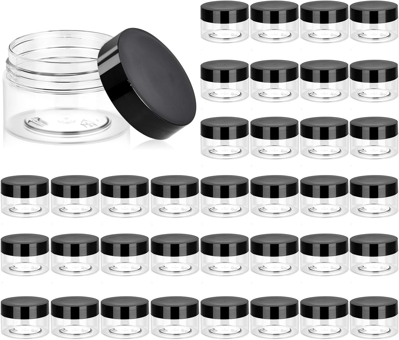 Eternal Moment 36 Pack 1 OZ Plastic Jars Round Clear Cosmetic Container Jars with Lids, Perfect for Lotion, Cream, Ointments, Makeup, Eye Shadow, Rhinestone, Samples, Pot, Travel Storage