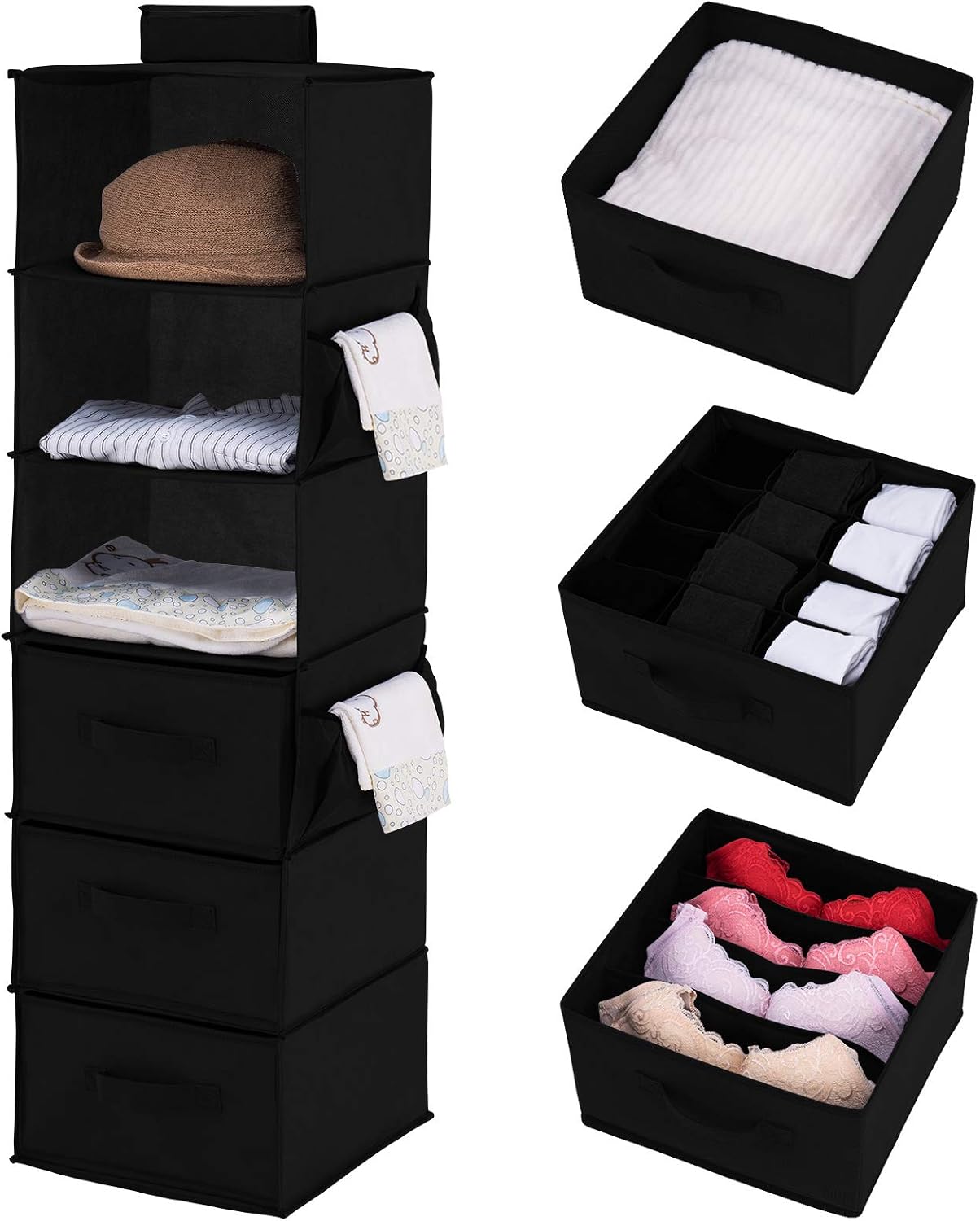 YOUDENOVA Hanging Closet Organizer with 3 Drawers, 6-Shelf Closet Hanging Storage with Side Pockets, Black