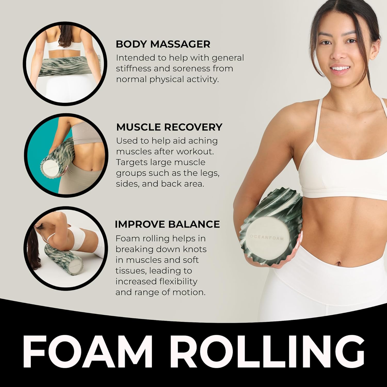 Oceanfoam Tidal Roller - Hunter Marbled - Muscle Massage Foam Roller for Back Pain & Stretching - Firm and Ergonomic Wide Wave Textured - Yoga, Athletics, & Wellness - Full Size, 20" x 5" - Image 4