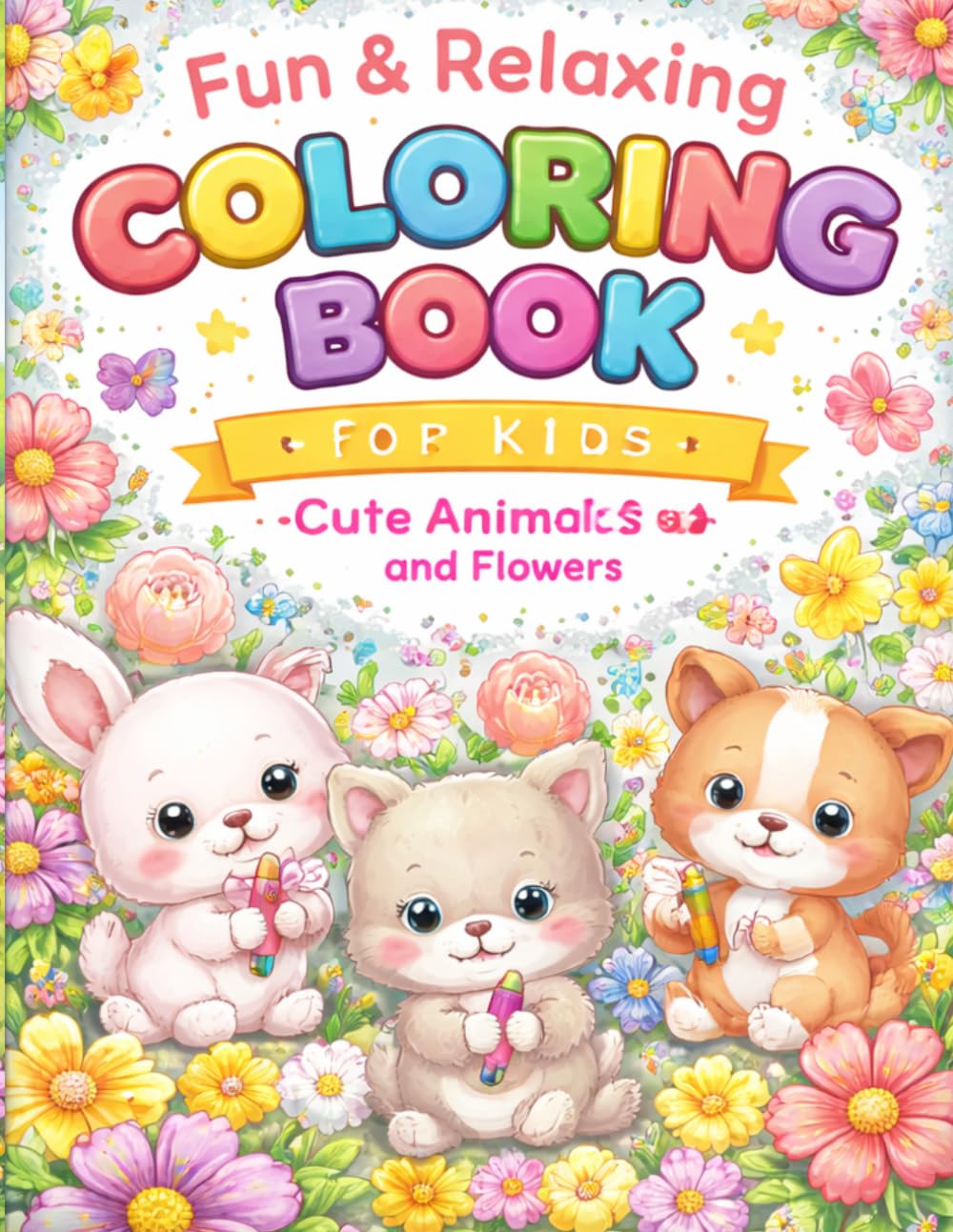 Fun & Relaxing Coloring Book for Kids: Cute Animals and Flowers