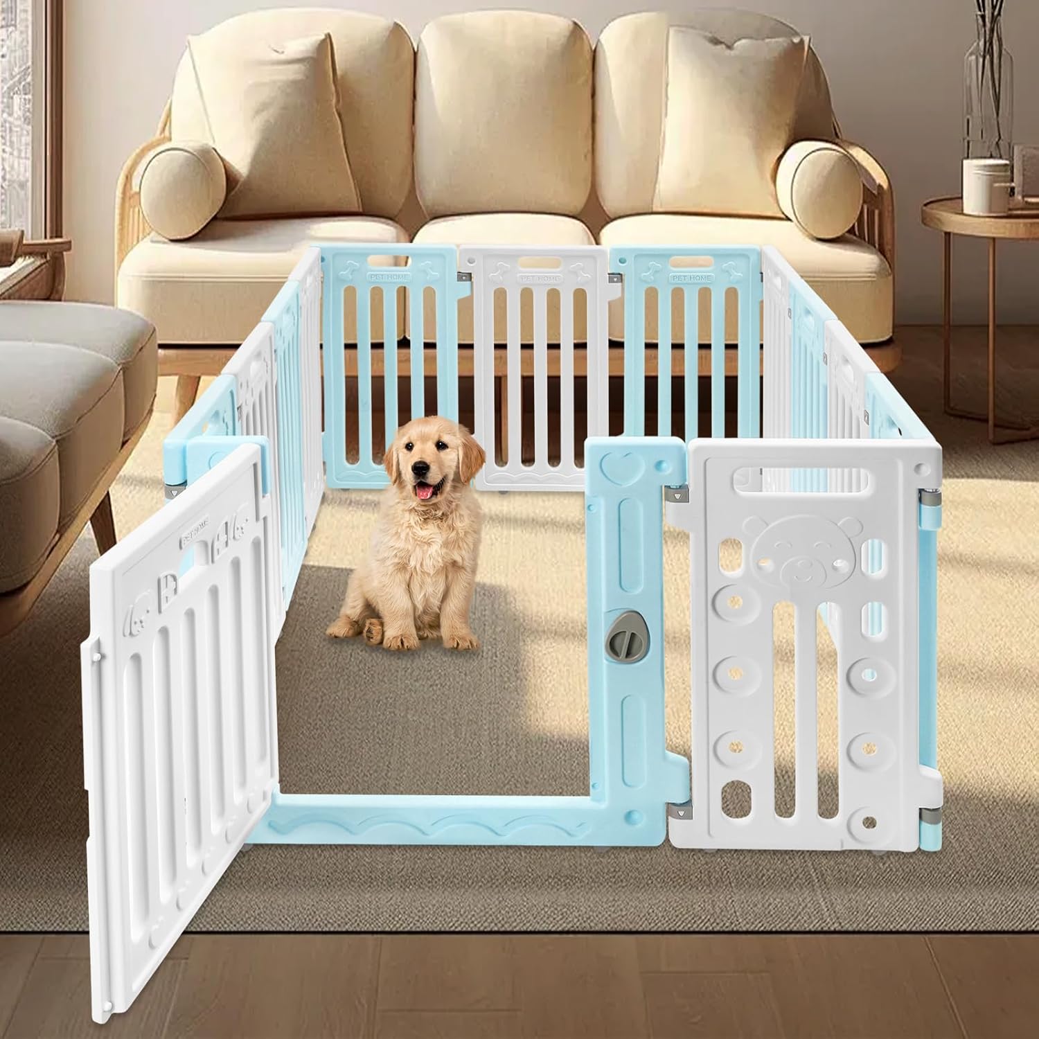 Dog Playpen with Door, 11 Panels Non-Slip Puppy Playpen 25.6in Hight Indoor Outdoor Fence Secure Pet Gate for Puppies, Small, or Medium Dogs (Blue)