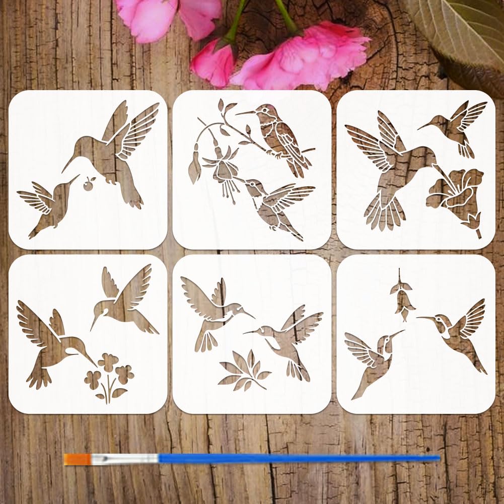 FINGERINSPIRE 6PCS Hummingbird Stencils with Paint Brush 15x15cm Flying Birds Stencil Hummingbird with Flower Stencil Animal Theme Template for Painting on Wood Floor Wall Canvas Furniture