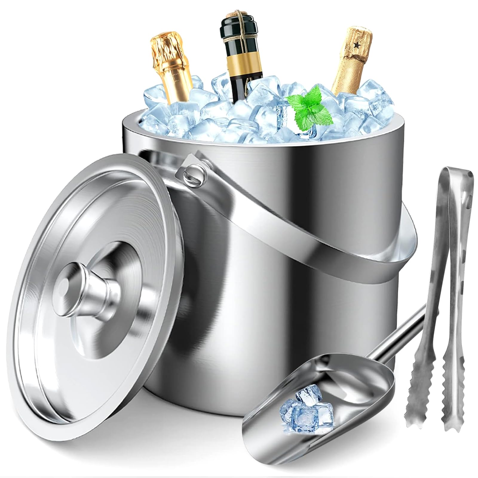 Cubitera De Acero Inoxidable 2L Con Doble Pared: Mantén Tus Bebidas Frías Por Horas (Incluye Pala Y Pinzas)
