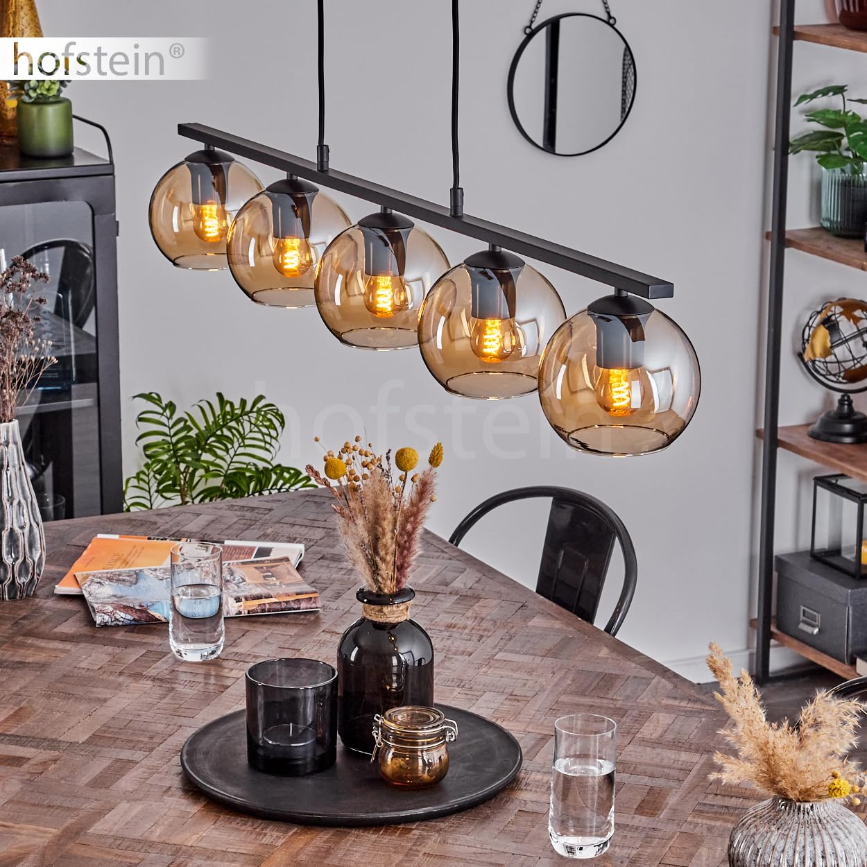 Pendelleuchte Koyoto, Hängelampe aus Metall/Glas in Schwarz/Bernsteinfarben, Hängeleuchte im Retro/Vintage-Design mit Glasschirmen (Ø 15 cm), 5-flammig, Höhe max. 111,5 cm, 5 x E27, ohne Leuchtmittel