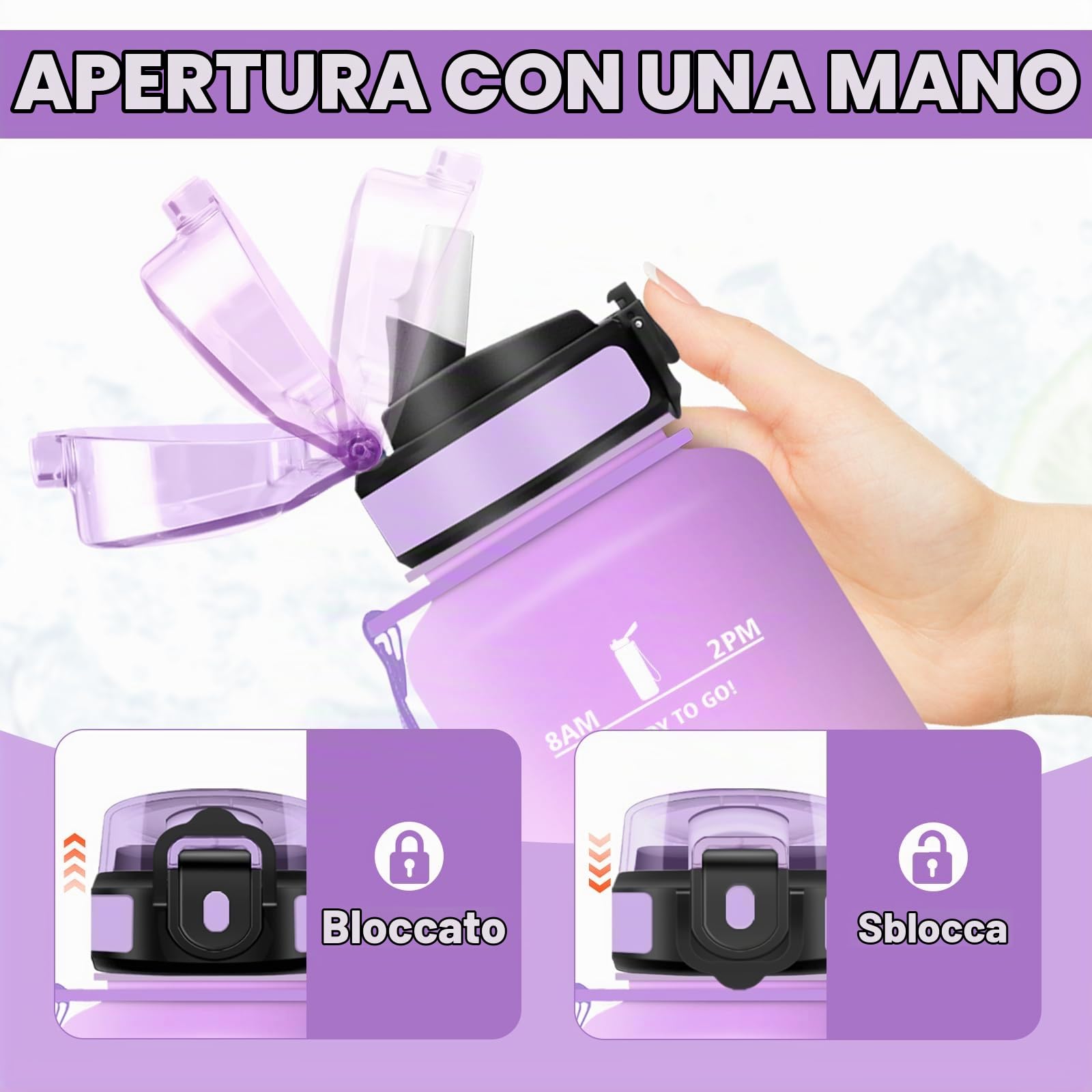Borraccia 1.5L, Borraccia con Cannuccia e Marcatori Temporali, senza BPA, Bottiglia Acqua A Prova di Perdite per Scuola, Ufficio, Yoga