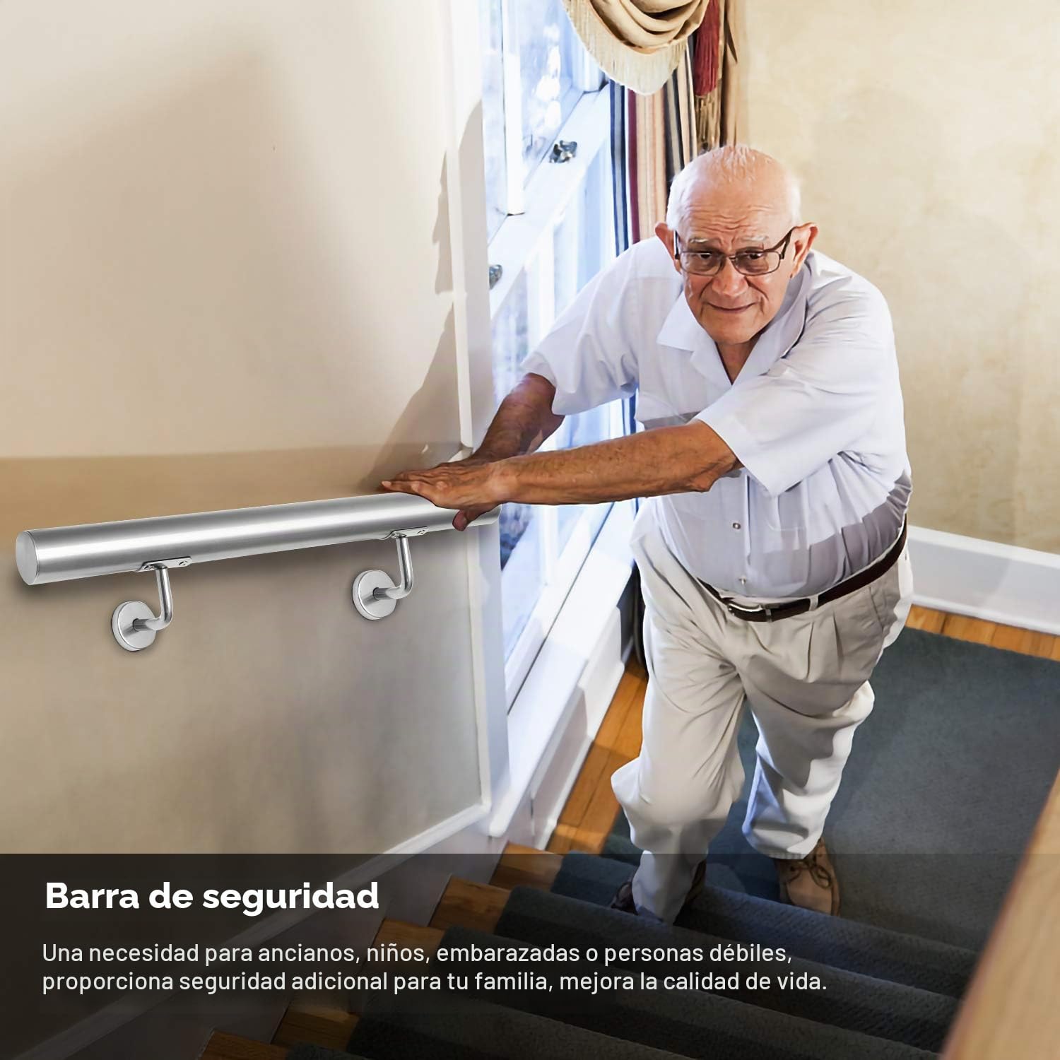 Pasamanos de acero inoxidable, pasamanos antideslizante, 80 cm, pasamanos de pared para exterior e interior con soportes de pared, material de montaje