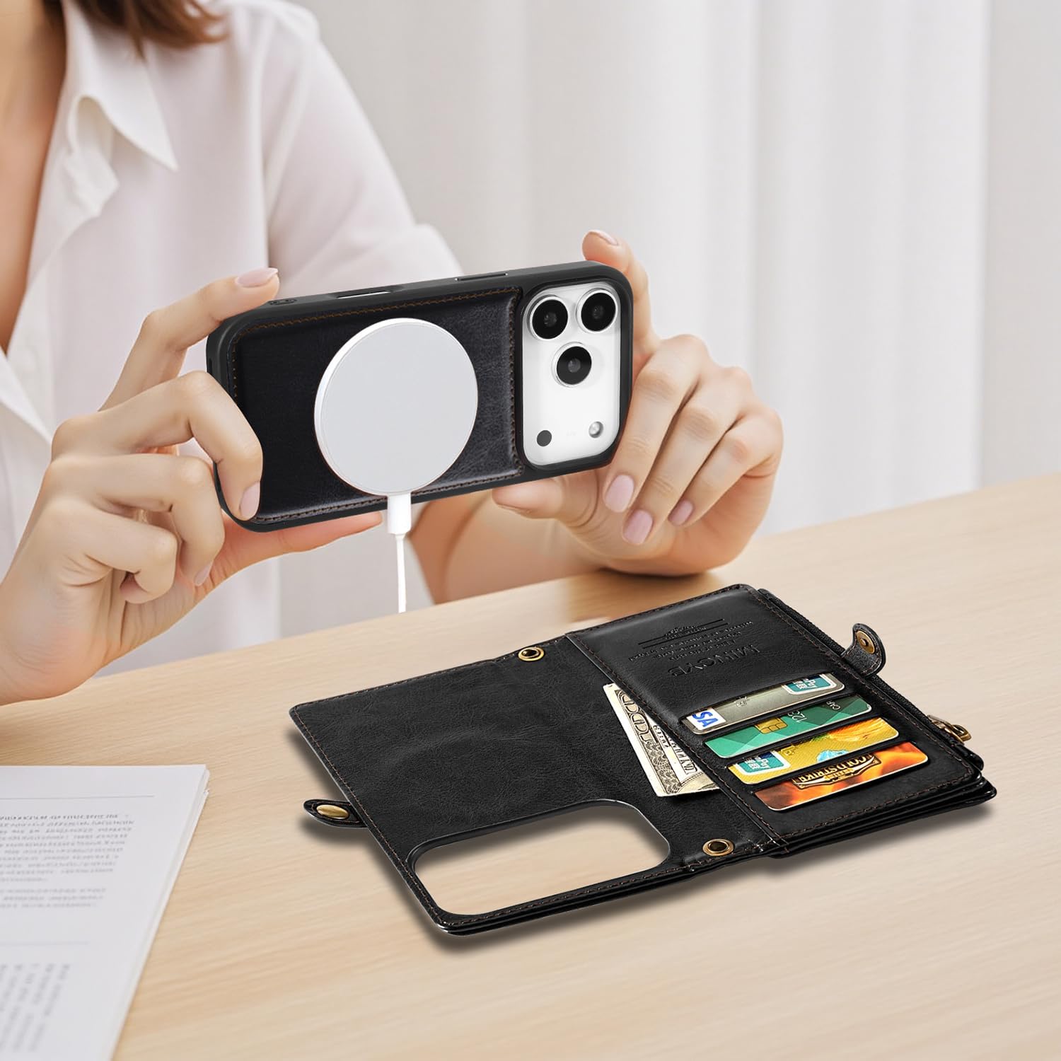 MInCYB for iPhone 17 Pro Wallet Case, [Compatible with Magsafe] [Magnetic Detachable] [RFID Blocking] PU Leather Case with Card Holder & Crossbody Strap for Women Men, Black