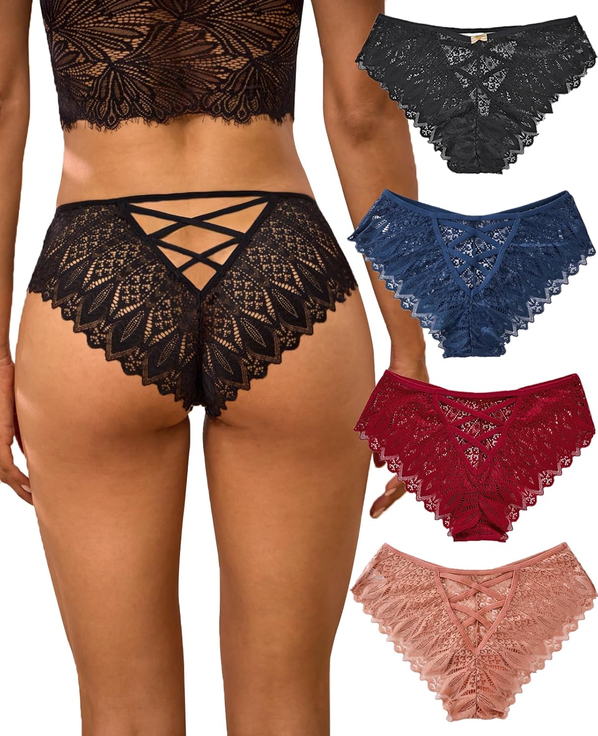 Kingfung Sexy Cheeky Panties for Women Lace Criss Cross Bikini Underwear 1-4 Pack