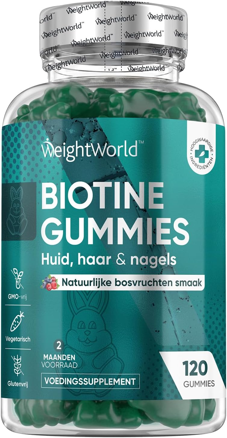 Biotine Haar Gummies 5000 mcg – Voor Haar, Huid & Nagels – Met Vitamine B8, Vitamine B12 en Vitamine C voor glanzend en sterk haar – 120 Gummies met Bessensmaak – 2 maanden voorraad – Van WeightWorld