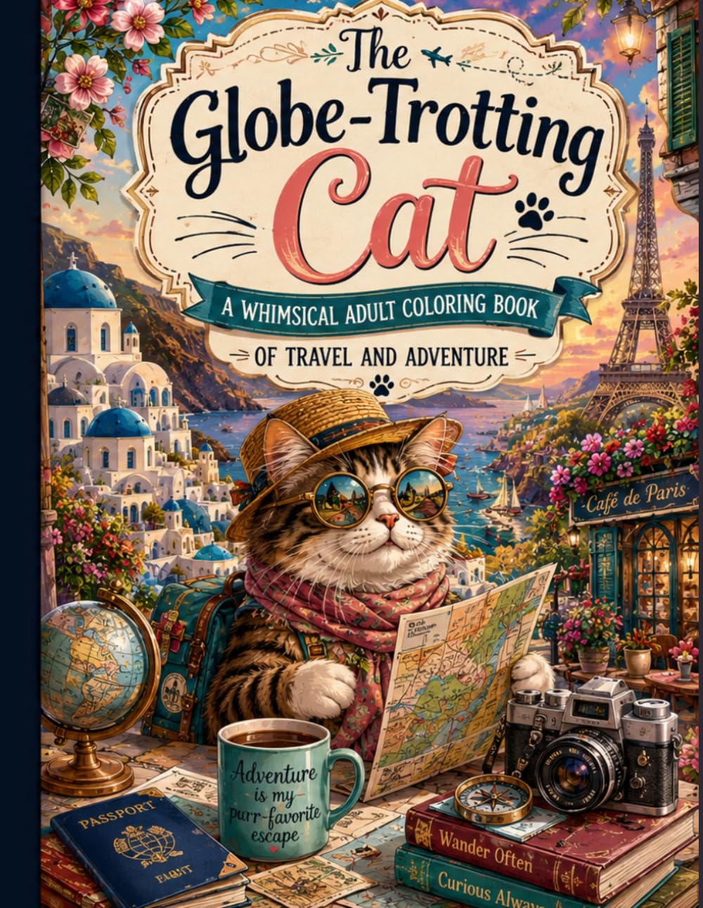 The Globe-Trotting Cat: A Whimsical Adult Coloring Book of Travel and Adventure