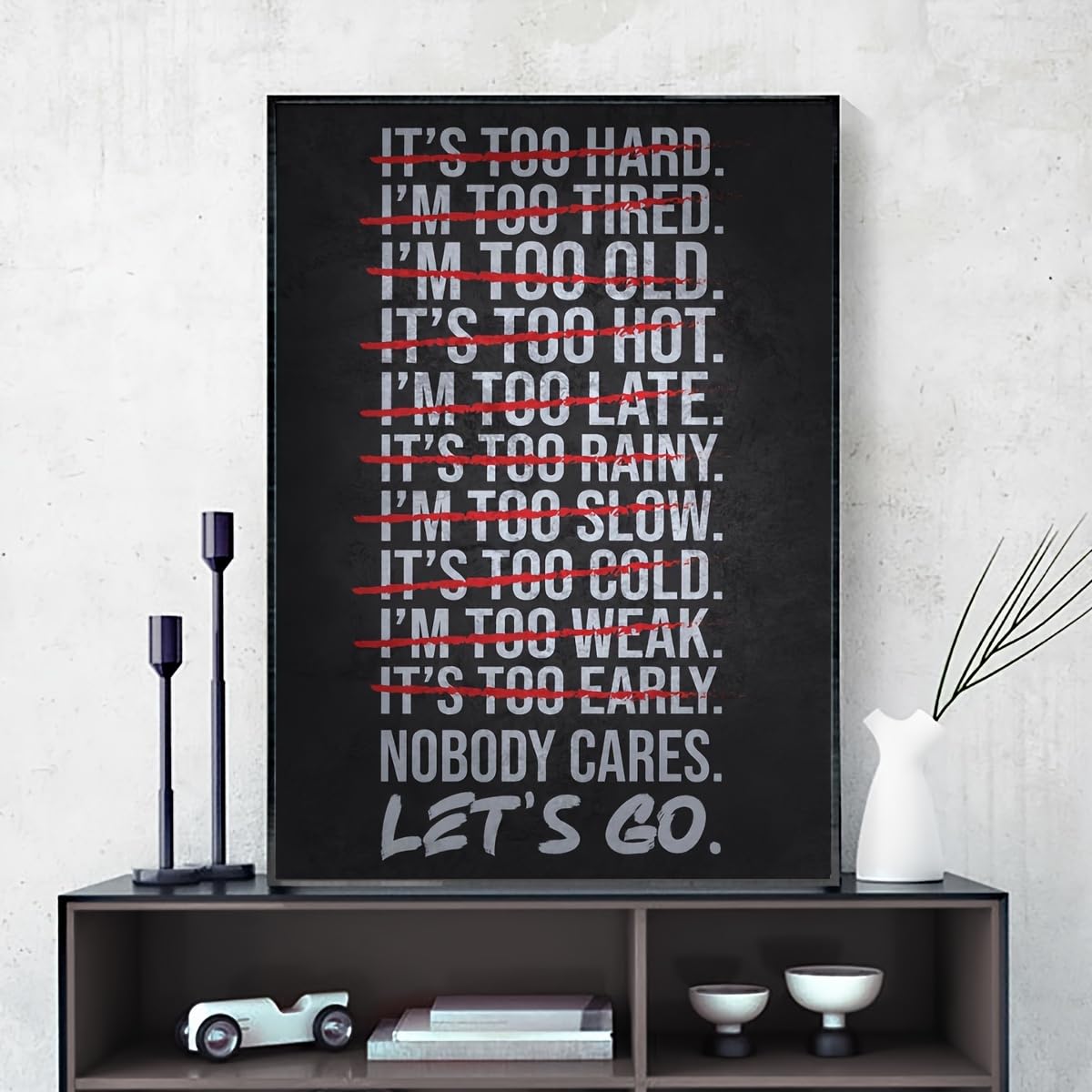 GLWDMB Minimalistisches Motivationsposter fürs Fitnessstudio, Schwarz-Weiß-Text, IT's TOO HARD NOT to CARE, LET's GO Zitat Leinwand-Wandkunst, Wandbilder(Gerahmt)