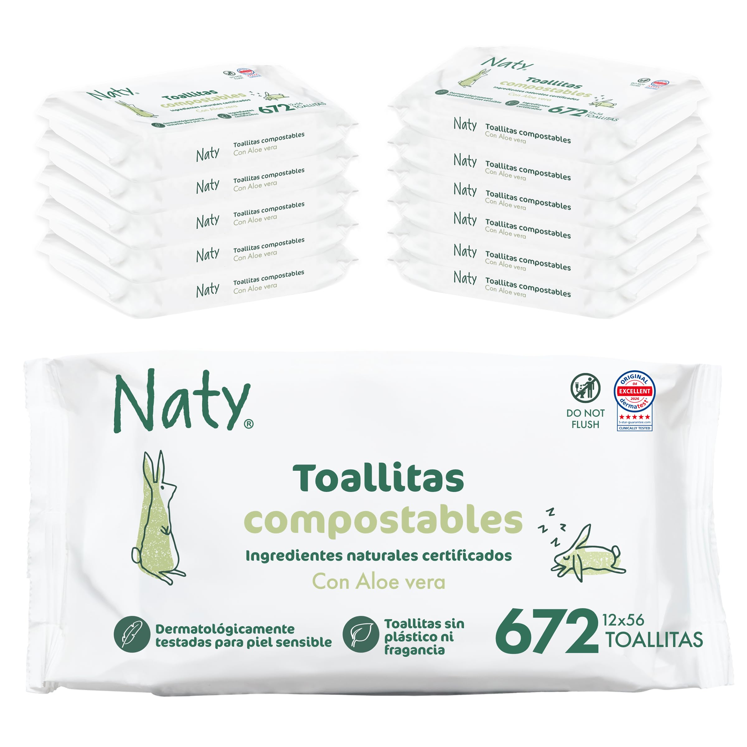 Naty Toallitas para Recién Nacidos y Bebés con Aloe | 98% Agua, Hipoalergénicas y Naturales para Piel Sensible | Sin Perfume, de Origen Vegetal | Dermatológicamente testadas | 672 uds (12 paquetes)