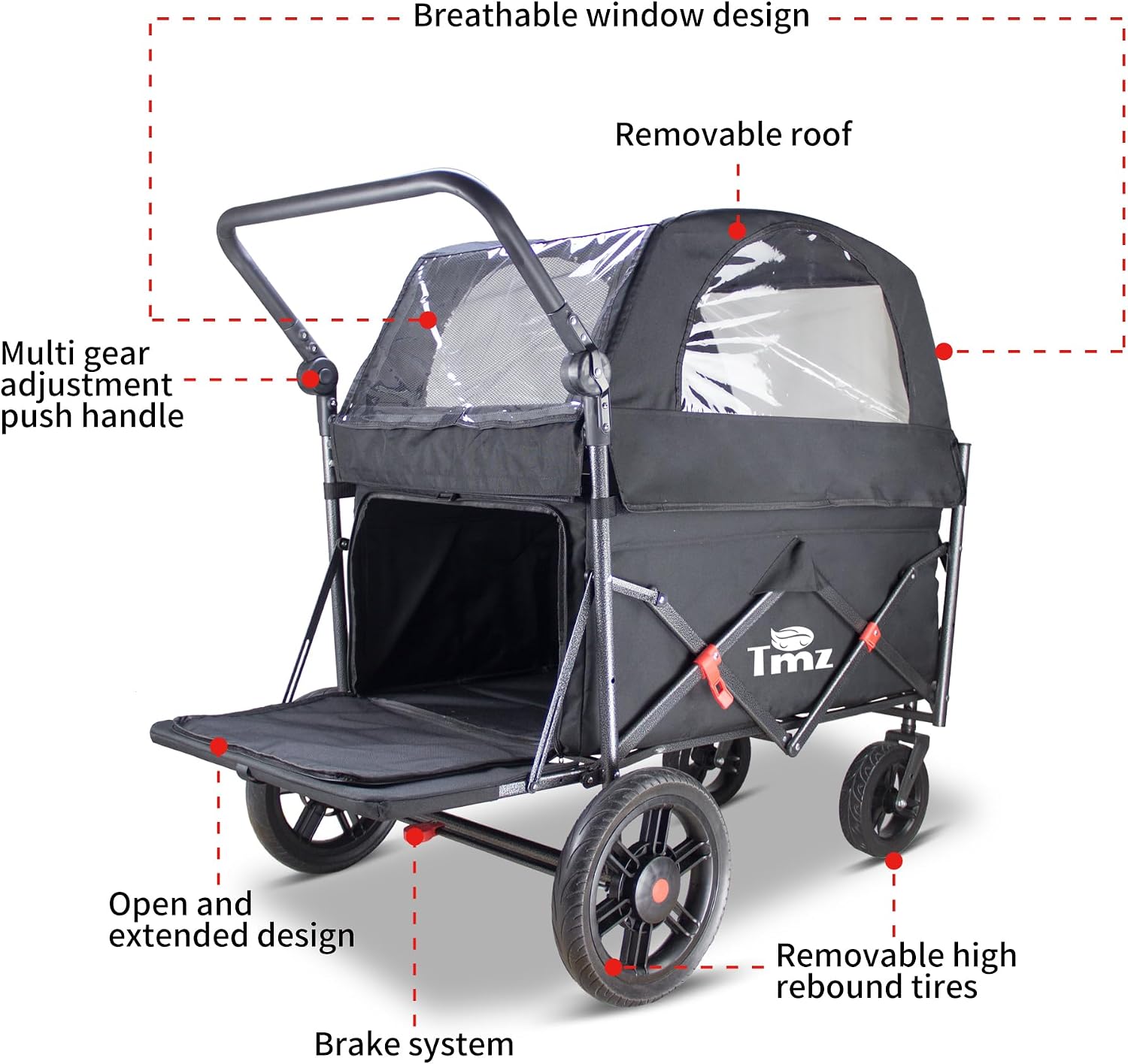 TMZ Collapsible Wagon Cart, Folding Utility Wagon with Breathable Fabric, Canopy, Expandable Storage, Adjustable Handle, Brake, Heavy Duty Cart for Walking & Camping (Black)