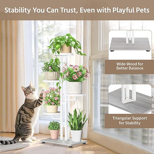 Miniatura 3 de LASZOLA Soporte de Plantas Blanco de 4 Niveles para Interiores, Resistente de Metal, Estante Multinivel Robusto para Flores, Escalera de Madera para