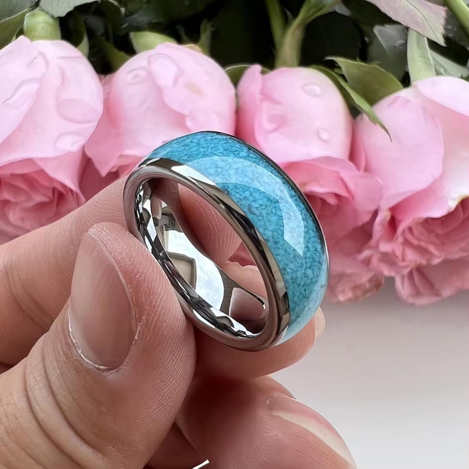 Jewelry 8mm Tungsten Ring for Men Women Crushed Turquoise Inlay Jewelry Engagement Wedding Band