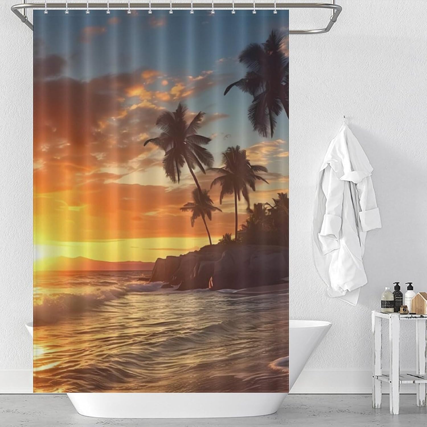 Ocean Beach Palm Tree Sunrise Sunset Funny Shower Curtains Washable Bath Curtain Liner with Hooks for Bathroom Bath Tubs