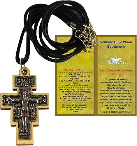 Holy Land Market Cruz de madera de olivo con cruz de peltre incrustada - modelo San Damiano (2.0 in - 2 pulgadas) - 0.276 in de espesor, Madera dura