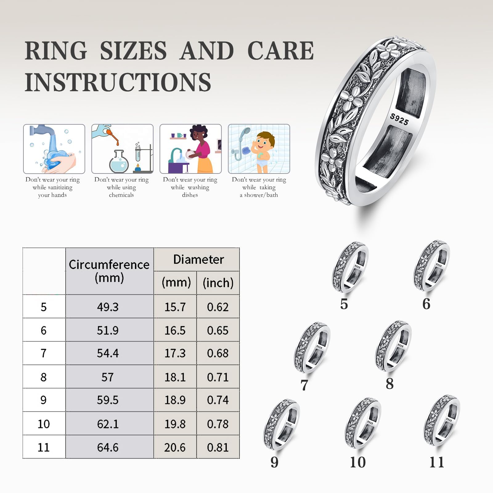 Fidget Ring Spinner 925 Sterling Silber Fidget Ring für Angst Filigrane Ringe Angst Relief Spinner Ringe für Männer Frauen Valentinstag Geburtstag Geschenke, Sterling Silber