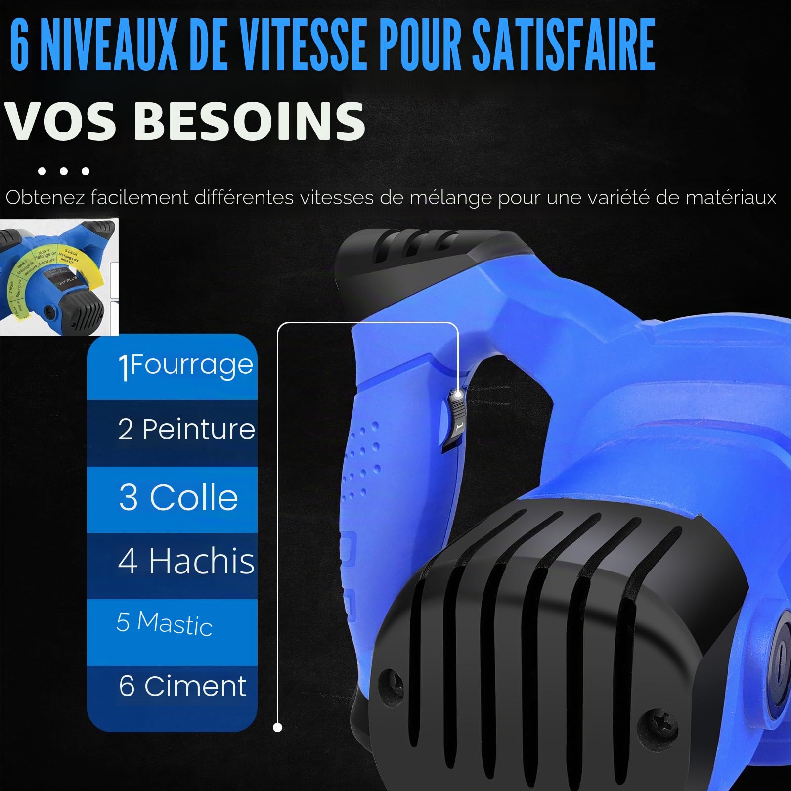 Mélangeur à béton 2600 W, 6 vitesses, 0-1500 tr/min, tige spirale M14 59 cm, agitateur de mortier de couleur Ø 120 mm, pour mélanges,mélangeur manuel pour peinture, béton, plâtre, colle et ciment