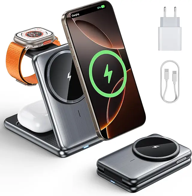 BKXCHA 3 in 1 Induktive Ladestation für Apple Watch und iPhone, Faltbar Wireless Charger mit Mag-Safe für iPhone 16/15/14/13/12/11/X, Apple Watch 10/9, AirPods mit 20W Fast Adapter for Bedroom Office