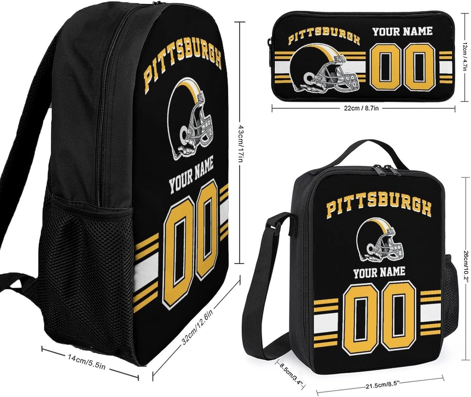 Custom Pittsburgh Backpack with Lunch Bag Pencil Case, Personalized Name and Number Backpacks Pencil Box Lunch Bags, Customize 3pcs Set Gifts for Men Women Fans