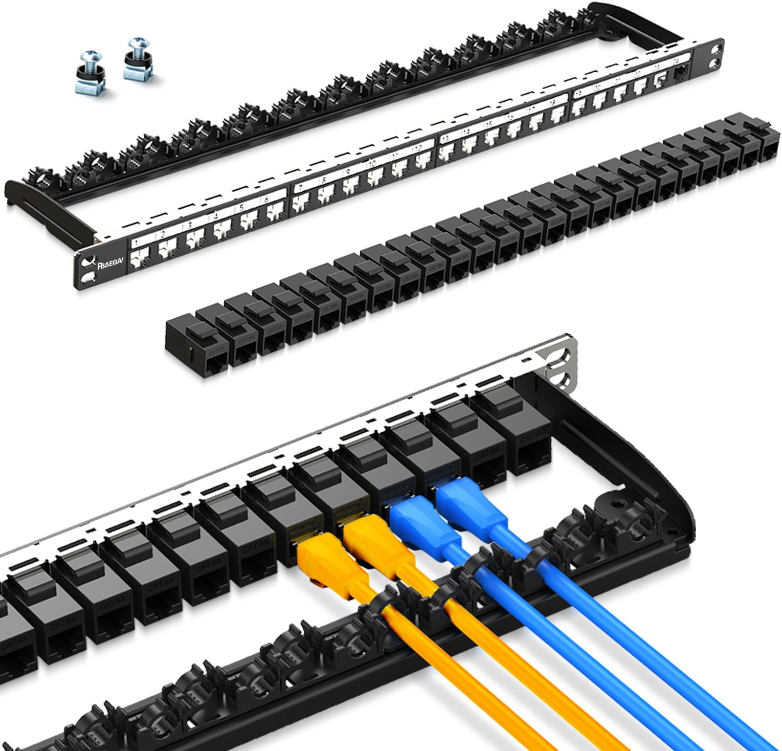 Patch Panel 24 Port 0.5U with 6pcs CAT6 Coupler Keystone Jack UTP Network Patch Panel 10G No Punch Down Time-Saver Ethernet Rj45 with Sturdy Back Bar (with Cat6A Kestone Jack Unshielded)