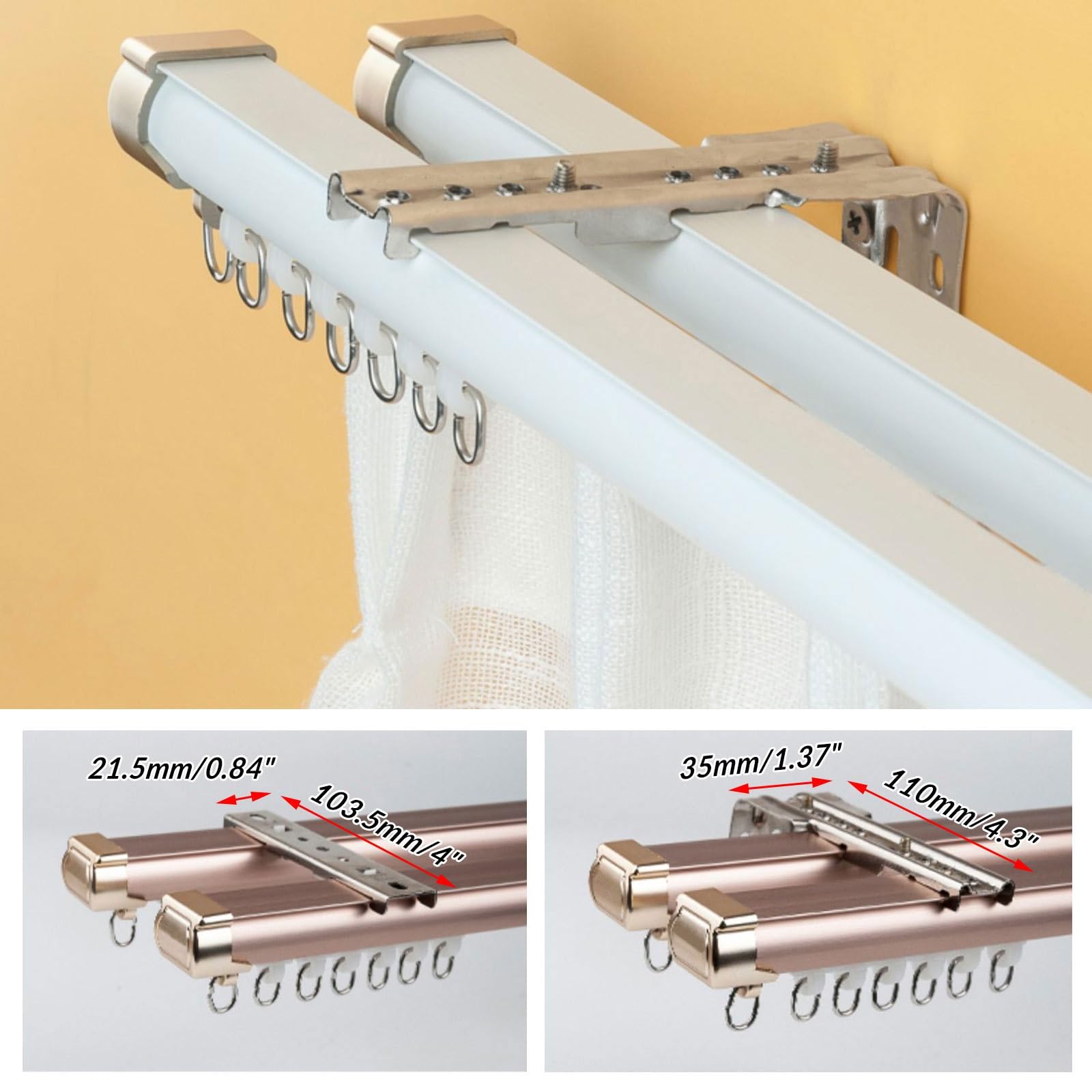 Rieles de Cortina Doble de Aluminio 100 150 200 260 300 380cm Rieles para Cortinas para Montaje en Techo Riel Divisor de Ambientes para Ventana, Silencioso(Orange,190cm/6.2ft)