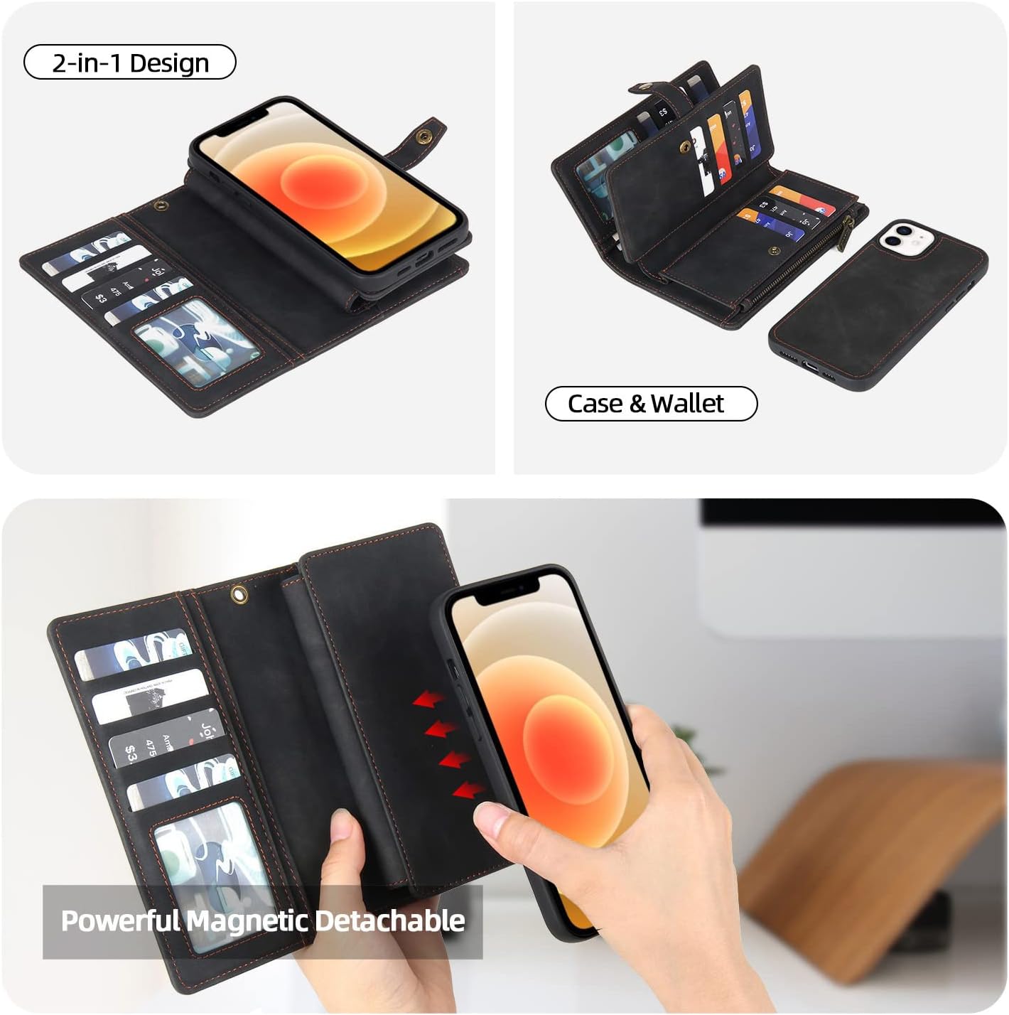 TwoHead for iPhone 12/12 Pro Wallet Case with Card Holder & Detachable Magnetic Phone Case,Leather All-Round Protection Phone Case for Women/Men,6.1IN,Black