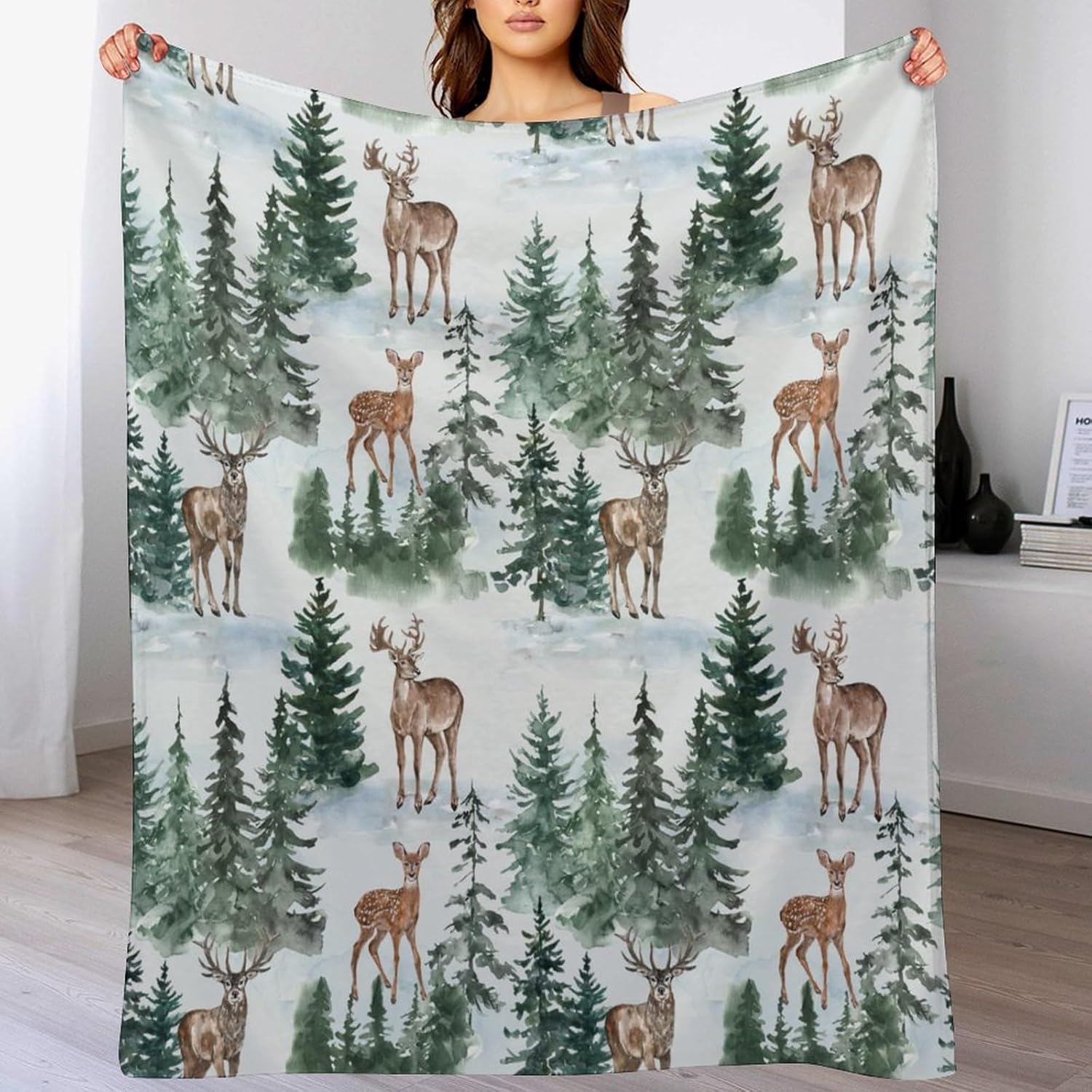 Deer Blanket Watercolor Winter Forest Wild Animal Rustic Farmhouse Green Soft Cozy Lightweight Throw Blanket for Bedroom Living Room Dorm Chair Sofa Travel 70x80in