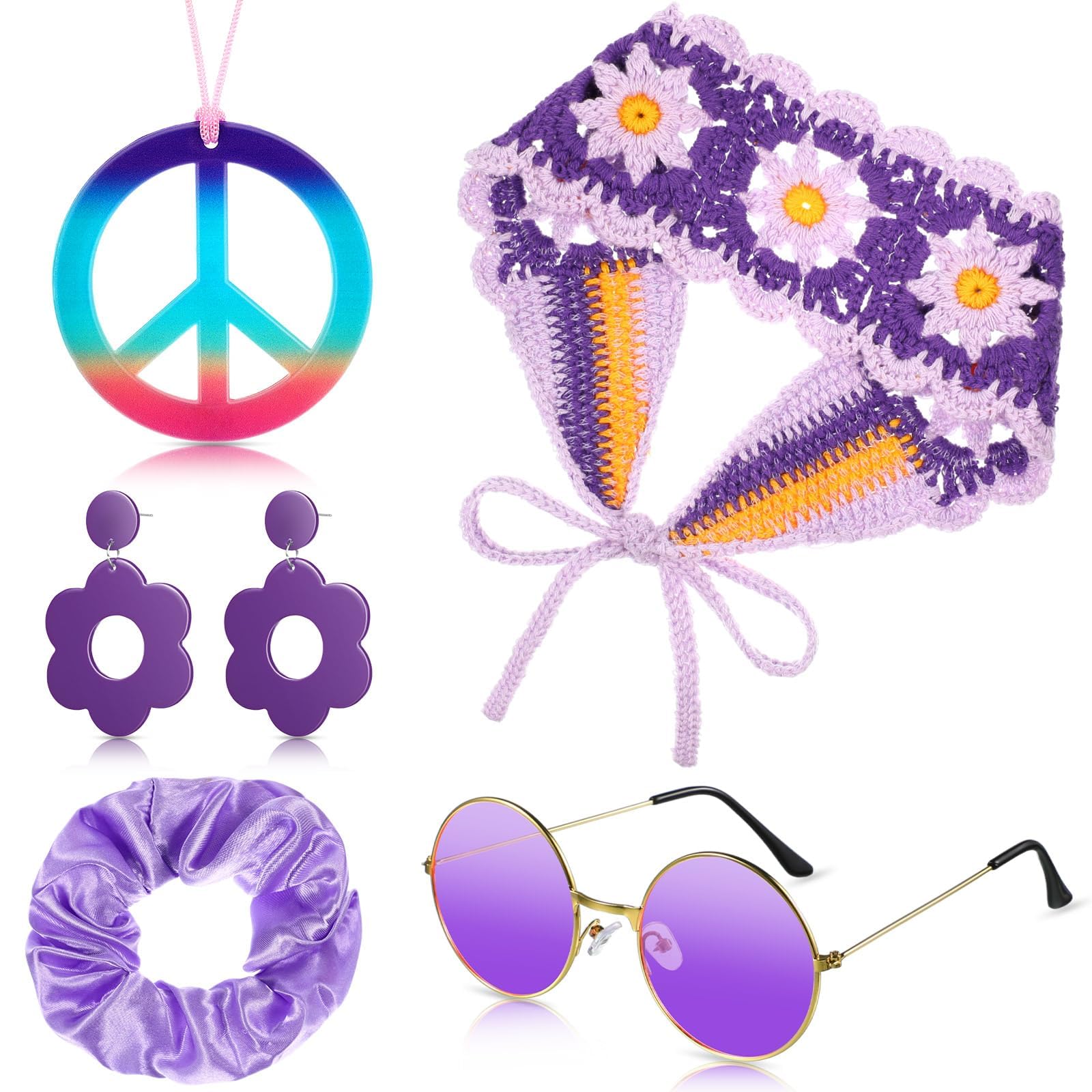 QIZHIQIAMY Hippie Accessoires, 5 PCS Hippie Zubehör Damen, Hippie Kostüm Zubehör, Flower Power Accessoires, 70er Jahre Accessoires mit Hippie Brille, Peace Kette, Ohrringe, Haarschmuck für Karneval