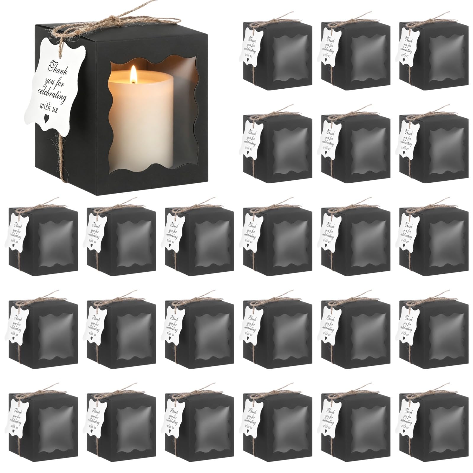 50 Set Kerzen-Geschenkboxen mit transparentem Fenster, Dankeschön-Tags und Bindfaden, Papier-Geschenkverpackungsboxen für Hochzeiten, Partys und Brautpartys, Schwarz