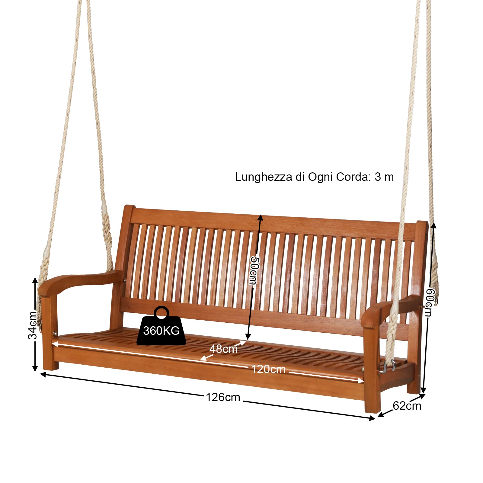 GYMAX Panchina Dondolo Sospeso da Giardino a 2 Posti, Portata di 360 kg, Panca da Appendere in Legno, Seduta Spaziosa, con Schienale e Braccioli, Stile Vintage