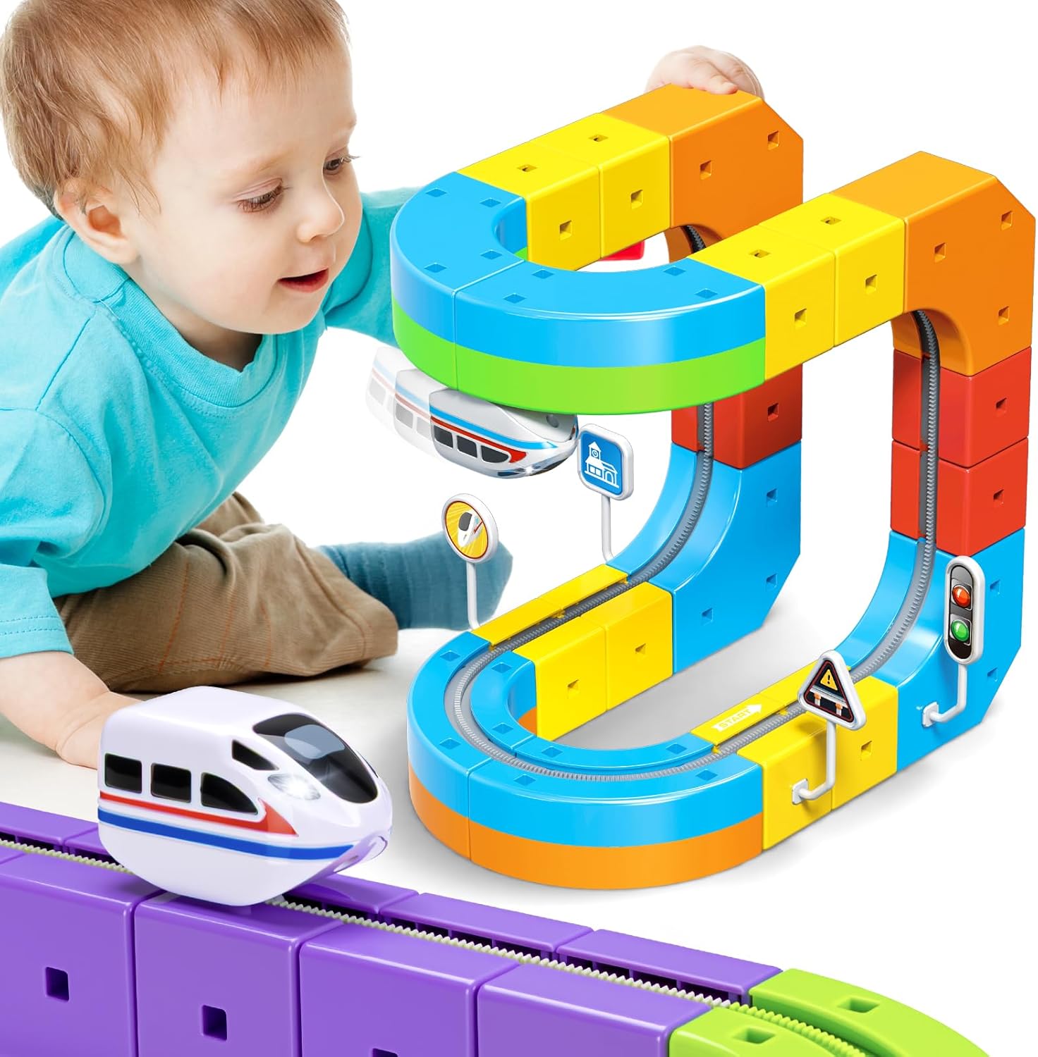 KlickRail Electric Train Set Flexible Race Track for Kids 4 6 7 8, 32 Pcs Car Track for Toddlers 3-5, Building Toy Train Track Gravity-Defying 3D Embedded Layouts & Motorized Car, STEM Learning Gift 32 pcs Starter Set